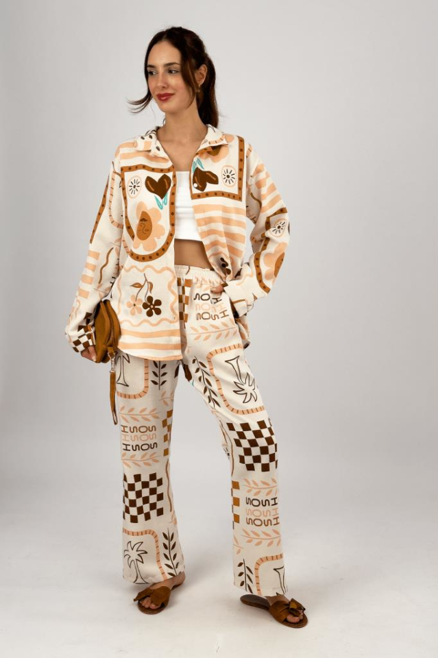 Kadın 2li Keten Gömlek Bol Paça Palazzo Pantolon Alt Üst Takım Somon - XL