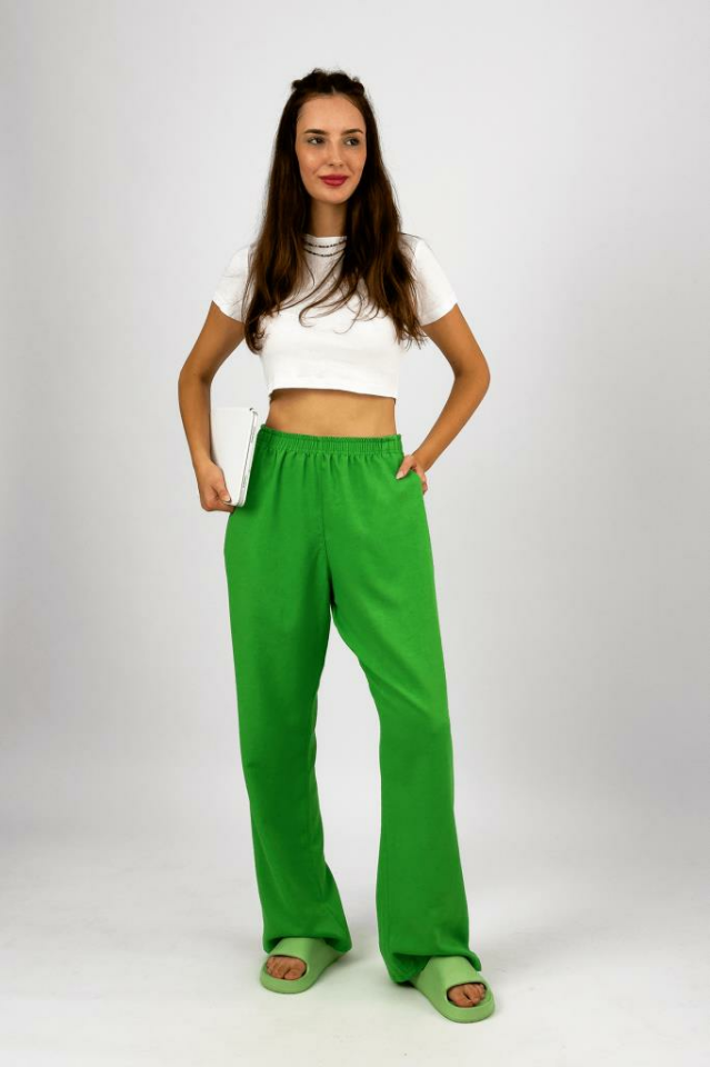 Kadın Pamuk Keten Cepli Bol Kesim Oversize Palazzo Pantolon YEŞİL - XL