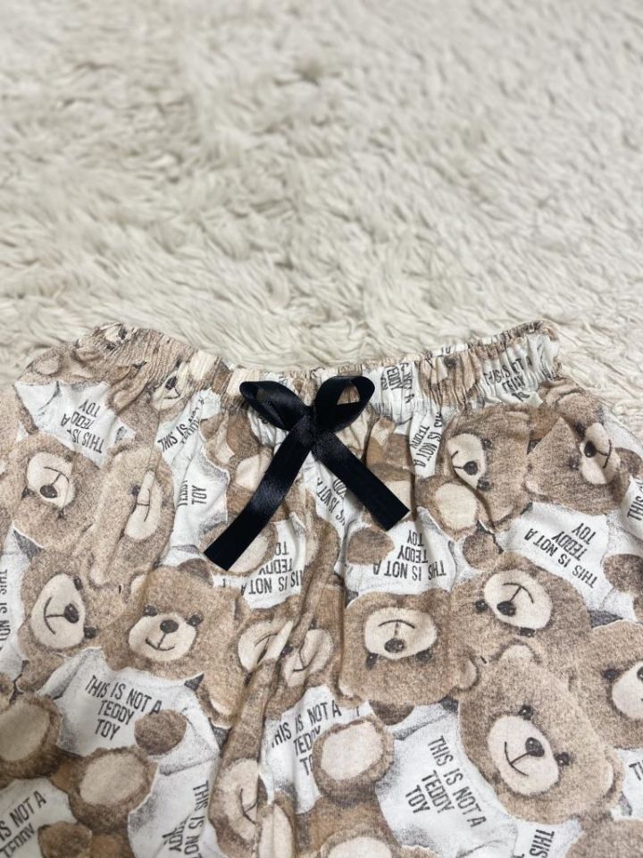 %100 Pamuk Kadın Yüksek Bel Dört Mevsim Şort Pijama Kahve Beyaz Ayıcık - XXL