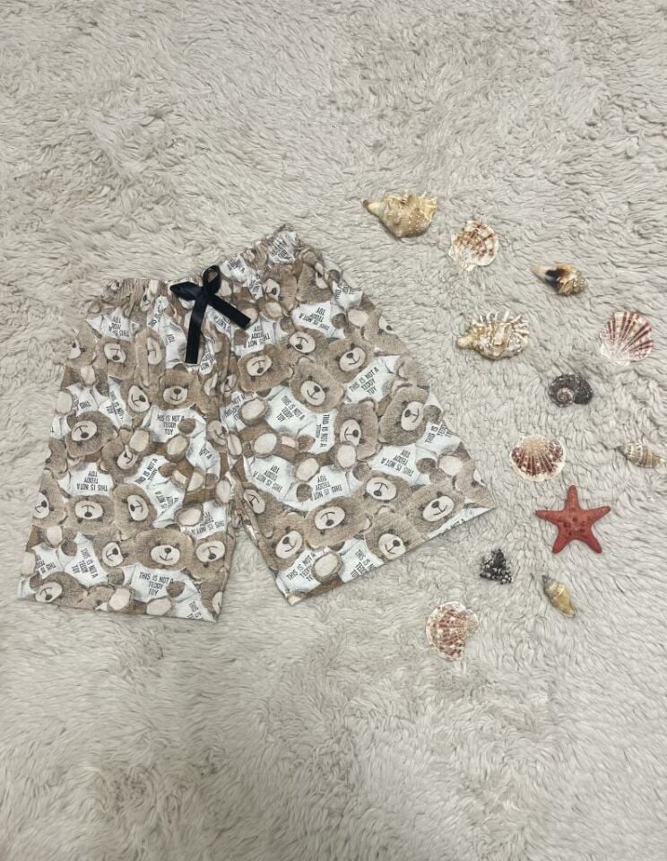 %100 Pamuk Kadın Yüksek Bel Dört Mevsim Şort Pijama Kahve Beyaz Ayıcık - XL
