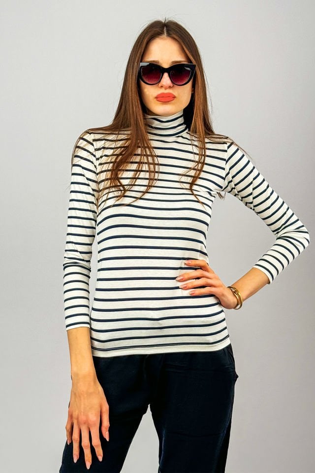 Kadın Uzun Kollu Yarım Balıkçı Yaka 1 Adet L/XL - Beyaz Siyah Çizgili
