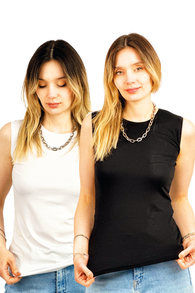 Kadın Sıfır Kol Bisiklet Yaka Body 2 Adet Karışık - L/XL