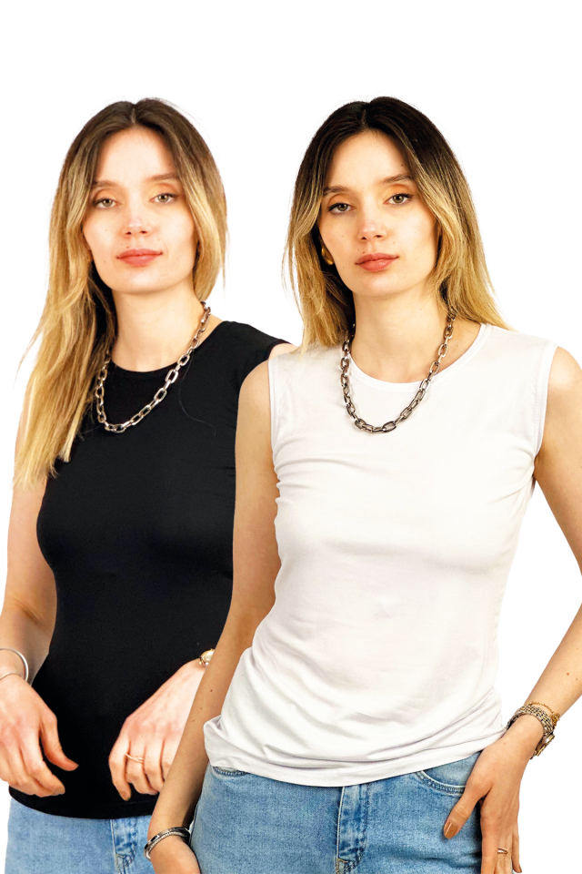 Kadın Sıfır Kol Bisiklet Yaka Body 2 Adet Karışık - S/M