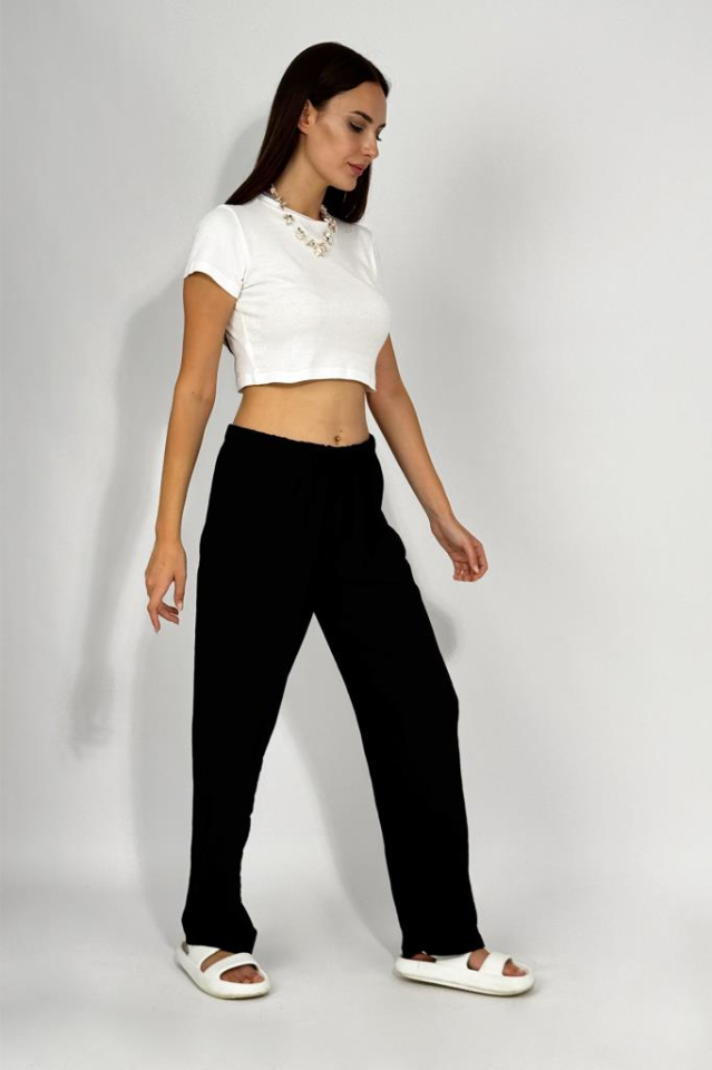 Kadın Beli Lastikli Ayrobin Eşofman Pantolon SİYAH - 3XL