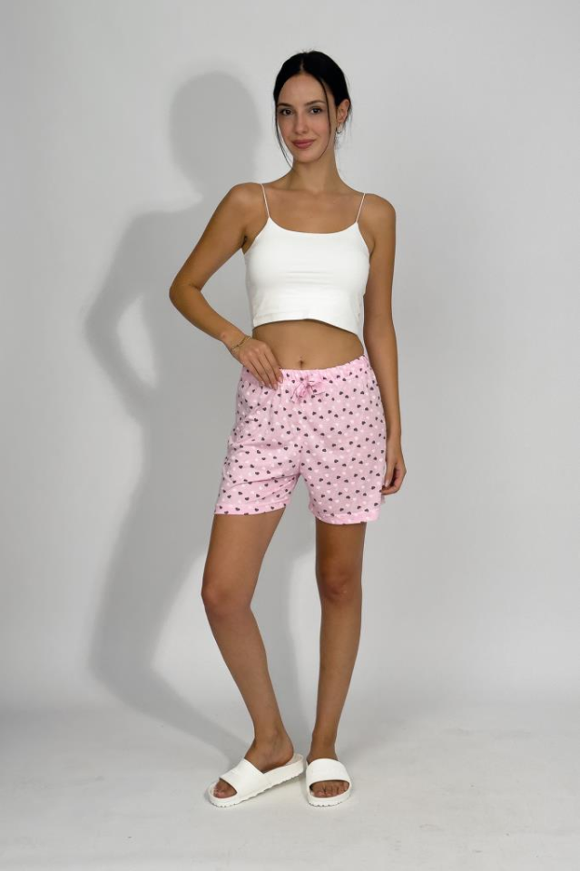Kadın Dört Mevsim Poliviskon Kurdeleli Şort Pembe Kalp - S