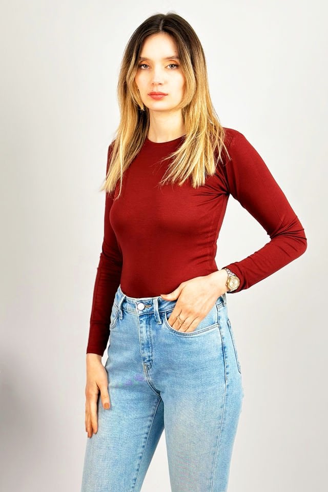 Kadın Uzun Kollu Bisiklet Yaka Body 1 Adet BORDO - L/XL