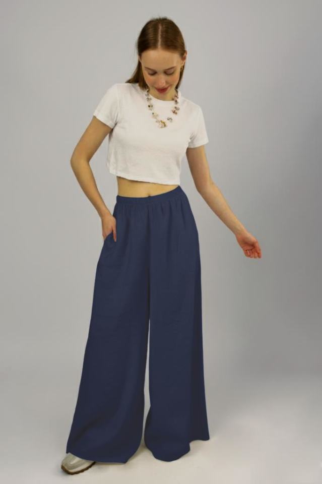 Kadın Modal Yüksek Bel Cepli Beli Lastikli Bol Paça Pantolon İndigo - M