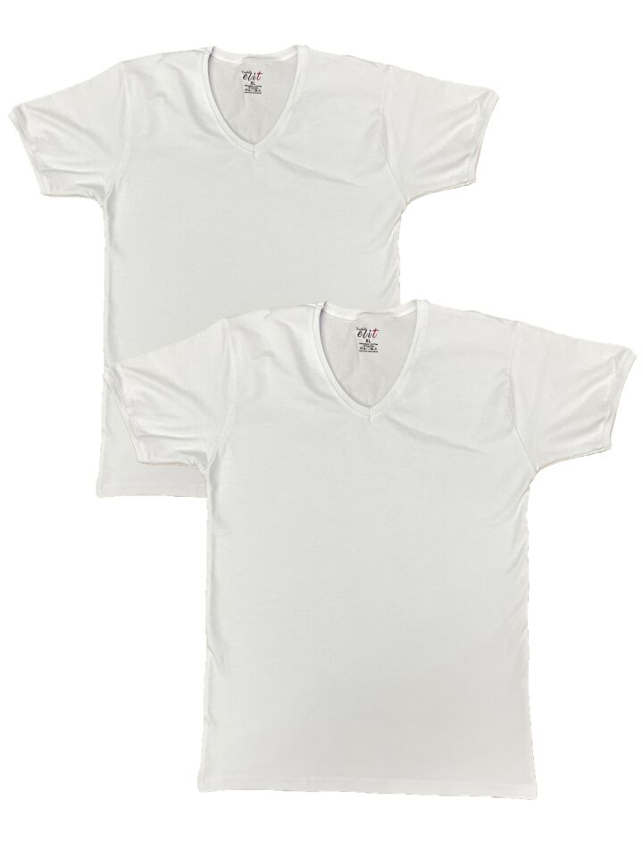 Erkek Elastan V Yaka Kısa(Yarım) Kol 2 Adet T-Shirt BEYAZ - L