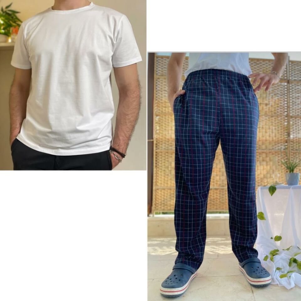 Cepli Çizgili Regular Fit Alt Ekose Kareli Pamuklu Örme Bisiklet Yaka Erkek Pijama Takımı Beyaz Çizgili- Beyaz - L