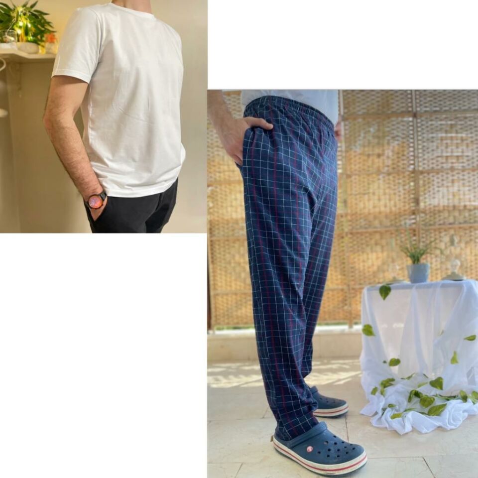 Cepli Çizgili Regular Fit Alt Ekose Kareli Pamuklu Örme Bisiklet Yaka Erkek Pijama Takımı Beyaz Çizgili- Beyaz - L