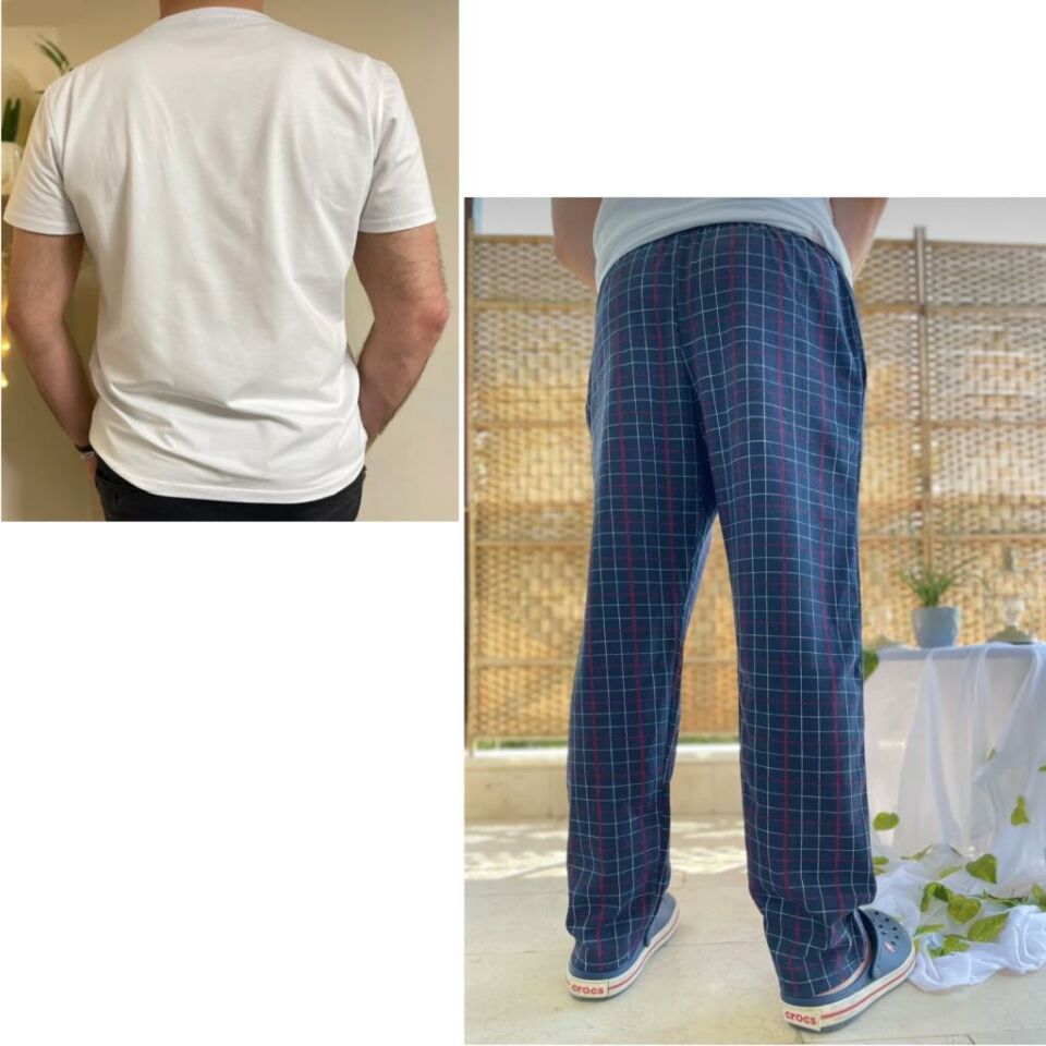 Cepli Çizgili Regular Fit Alt Ekose Kareli Pamuklu Örme Bisiklet Yaka Erkek Pijama Takımı Beyaz Çizgili- Beyaz - L