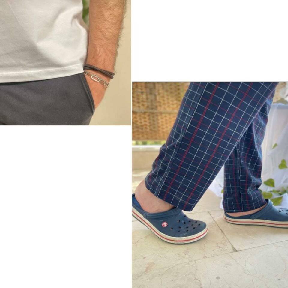Cepli Çizgili Regular Fit Alt Ekose Kareli Pamuklu Örme Bisiklet Yaka Erkek Pijama Takımı Beyaz Çizgili- Beyaz - L