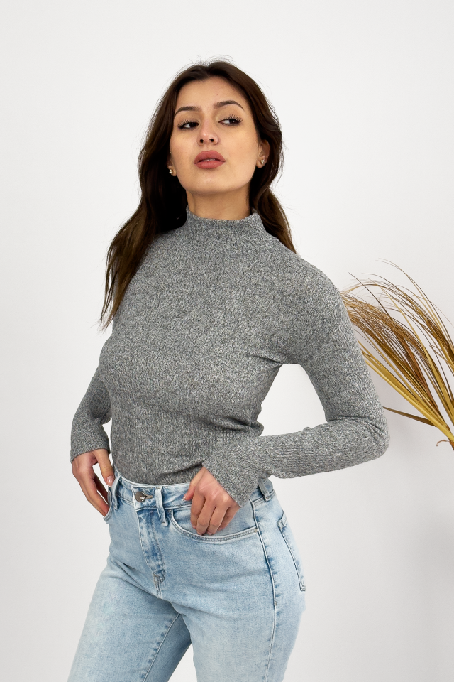 Kadın Peluş Uzun Kollu Yarım Balıkçı Yaka Body 1 Adet Fitilli Gri - S/M
