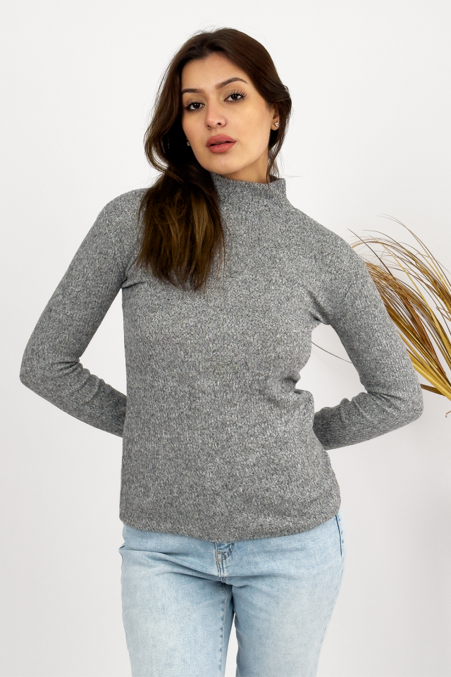 Kadın Peluş Uzun Kollu Yarım Balıkçı Yaka Body 1 Adet Fitilli Gri - S/M
