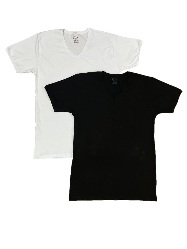 Erkek Elastan V Yaka Kısa(Yarım) Kol 2 Adet T-Shirt Siyah Beyaz - L