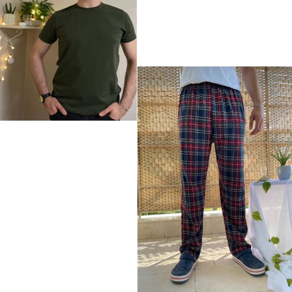 Cepli Çizgili Regular Fit Alt Ekose Kareli Pamuklu Örme Bisiklet Yaka Erkek Pijama Takımı Bordo Kare- Yeşil - S