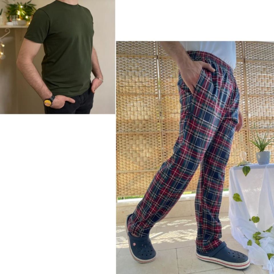 Cepli Çizgili Regular Fit Alt Ekose Kareli Pamuklu Örme Bisiklet Yaka Erkek Pijama Takımı Bordo Kare- Yeşil - S