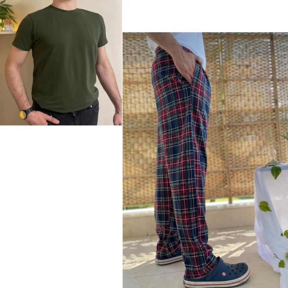 Cepli Çizgili Regular Fit Alt Ekose Kareli Pamuklu Örme Bisiklet Yaka Erkek Pijama Takımı Bordo Kare- Yeşil - S