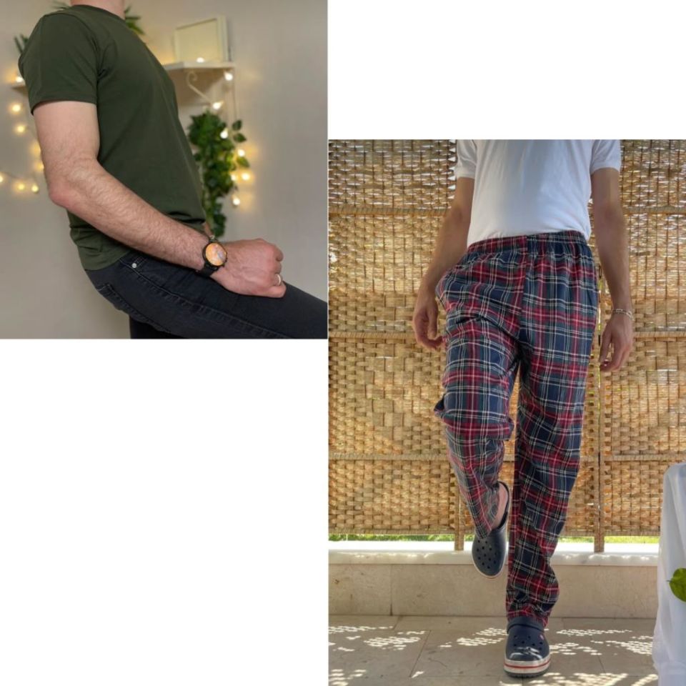Cepli Çizgili Regular Fit Alt Ekose Kareli Pamuklu Örme Bisiklet Yaka Erkek Pijama Takımı Bordo Kare- Yeşil - S