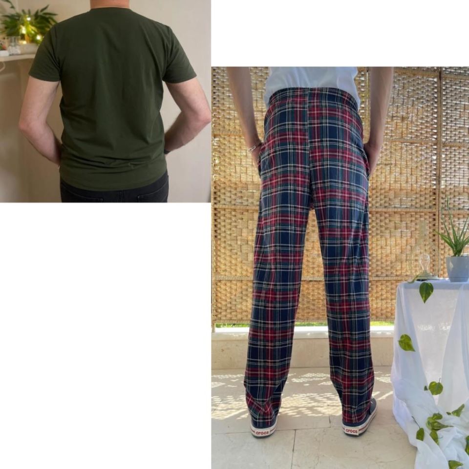 Cepli Çizgili Regular Fit Alt Ekose Kareli Pamuklu Örme Bisiklet Yaka Erkek Pijama Takımı Bordo Kare- Yeşil - S