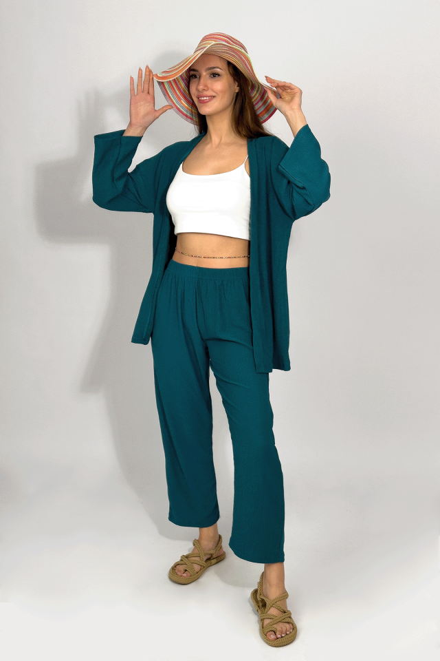 Kadın Pantolonlu Alt Üst İkili Kimono Takım Rahat Kalıp Petrol Mavi - 2XL