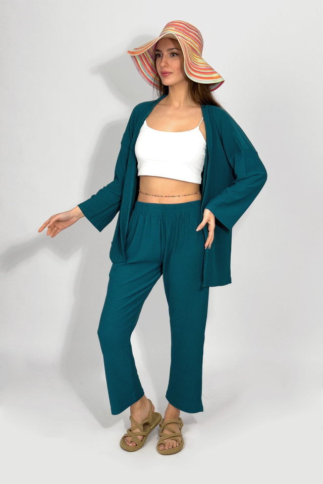 Kadın Pantolonlu Alt Üst İkili Kimono Takım Rahat Kalıp Petrol Mavi - 2XL