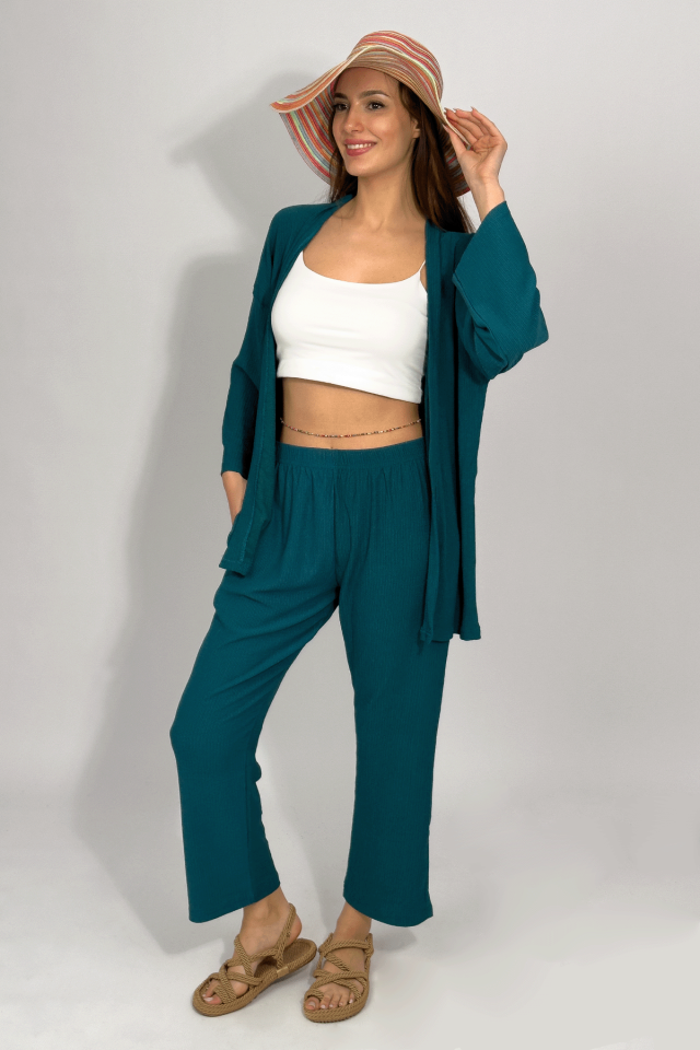 Kadın Pantolonlu Alt Üst İkili Kimono Takım Rahat Kalıp Petrol Mavi - 2XL