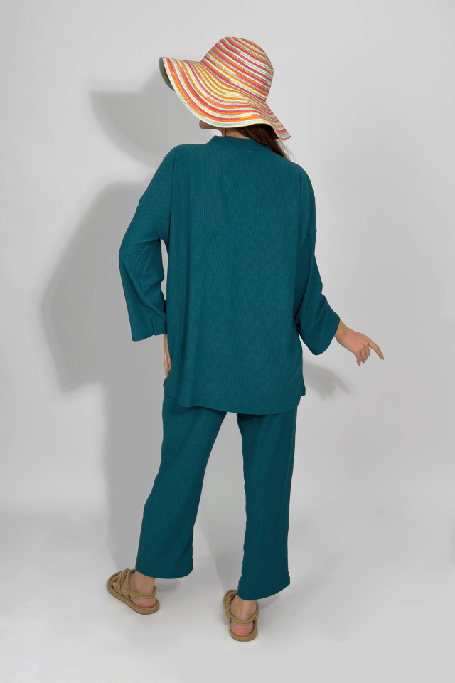 Kadın Pantolonlu Alt Üst İkili Kimono Takım Rahat Kalıp Petrol Mavi - 2XL