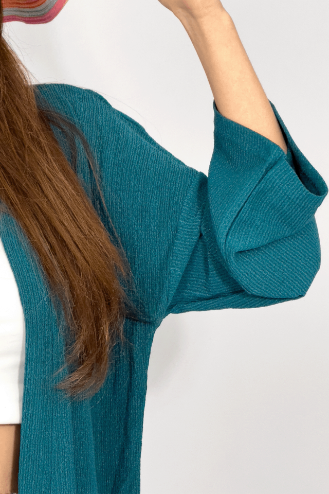 Kadın Pantolonlu Alt Üst İkili Kimono Takım Rahat Kalıp Petrol Mavi - 2XL