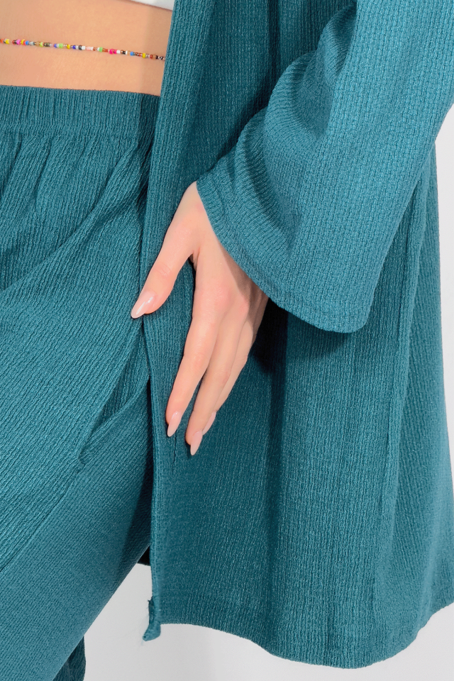 Kadın Pantolonlu Alt Üst İkili Kimono Takım Rahat Kalıp Petrol Mavi - 2XL