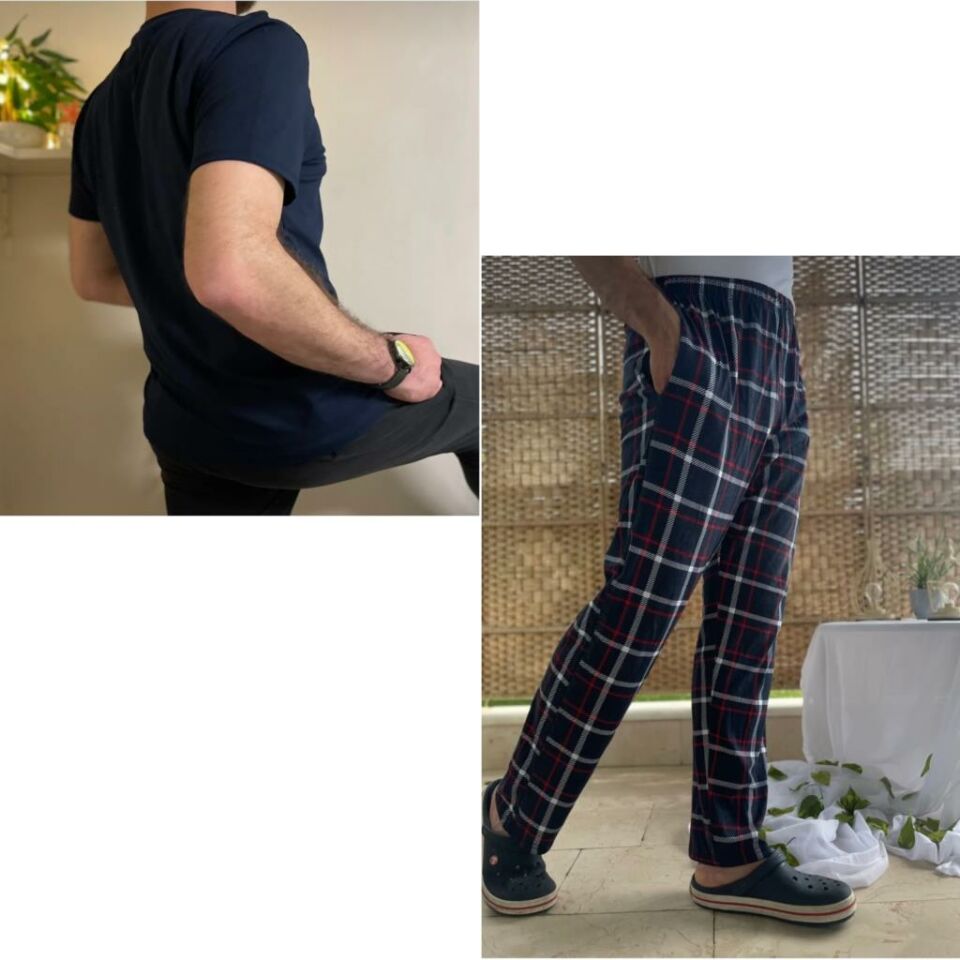 Cepli Çizgili Regular Fit Alt Ekose Kareli Pamuklu Örme Bisiklet Yaka Erkek Pijama Takımı Lacivert Kare- Lacivert - S