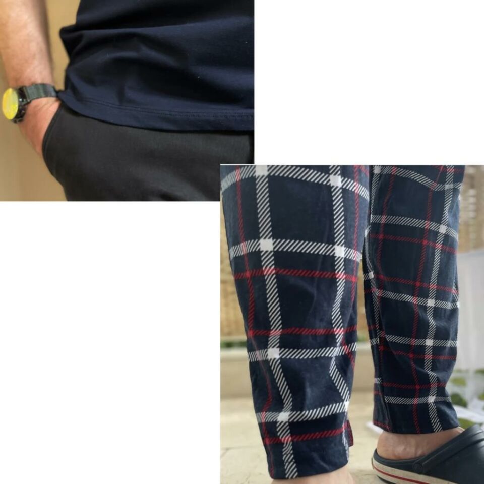 Cepli Çizgili Regular Fit Alt Ekose Kareli Pamuklu Örme Bisiklet Yaka Erkek Pijama Takımı Lacivert Kare- Lacivert - S