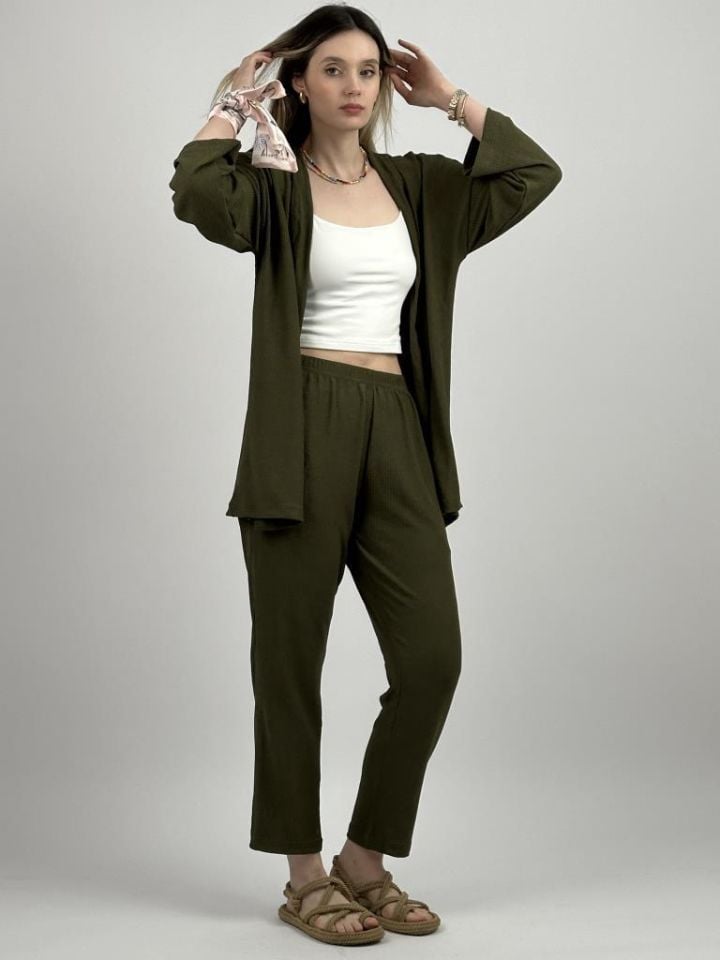 Kadın Pantolonlu Alt Üst İkili Kimono Takım Rahat Kalıp YEŞİL - 2XL