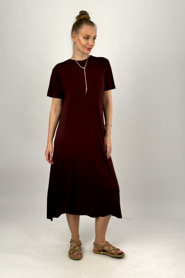 Kadın Yazlık Kısa Kollu Viskon Midi Boy Bisiklet Yaka Elbise Kahve - L/XL