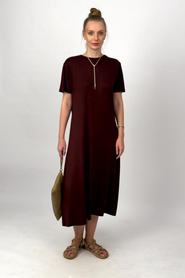 Kadın Yazlık Kısa Kollu Viskon Midi Boy Bisiklet Yaka Elbise Kahve - 2XL/3XL