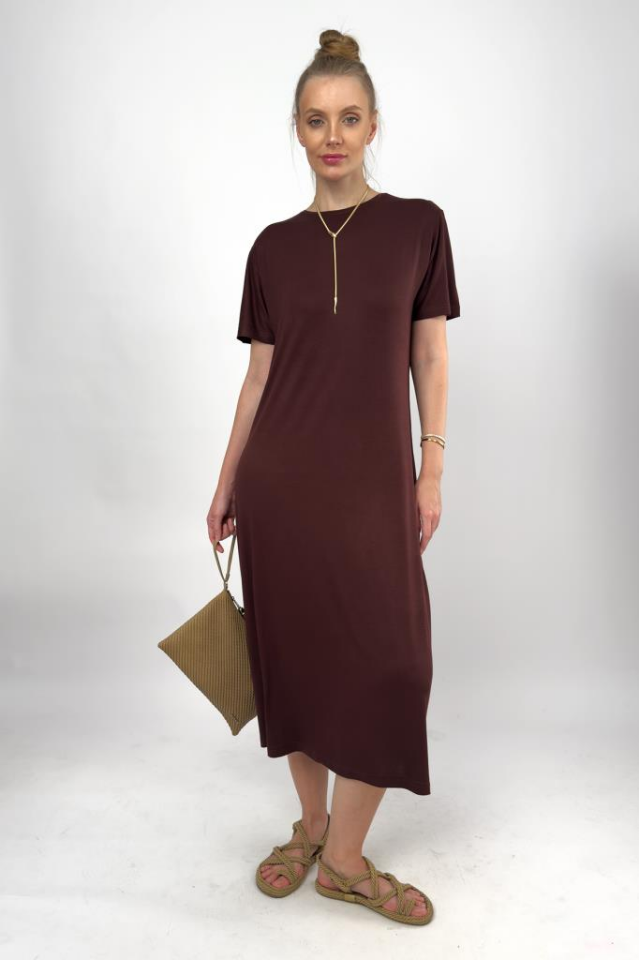Kadın Yazlık Kısa Kollu Viskon Midi Boy Bisiklet Yaka Elbise Kahve - 2XL/3XL