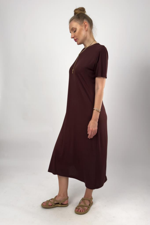 Kadın Yazlık Kısa Kollu Viskon Midi Boy Bisiklet Yaka Elbise Kahve - 2XL/3XL