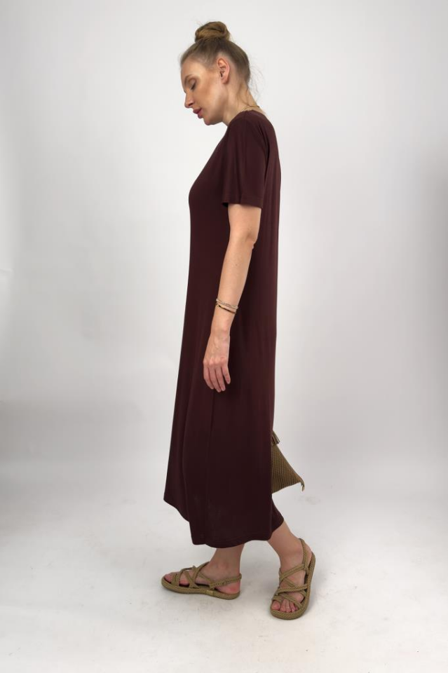 Kadın Yazlık Kısa Kollu Viskon Midi Boy Bisiklet Yaka Elbise Kahve - 2XL/3XL