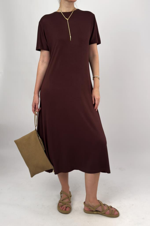 Kadın Yazlık Kısa Kollu Viskon Midi Boy Bisiklet Yaka Elbise Kahve - 2XL/3XL