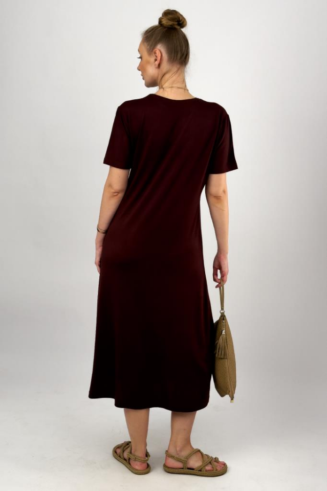 Kadın Yazlık Kısa Kollu Viskon Midi Boy Bisiklet Yaka Elbise Kahve - 2XL/3XL