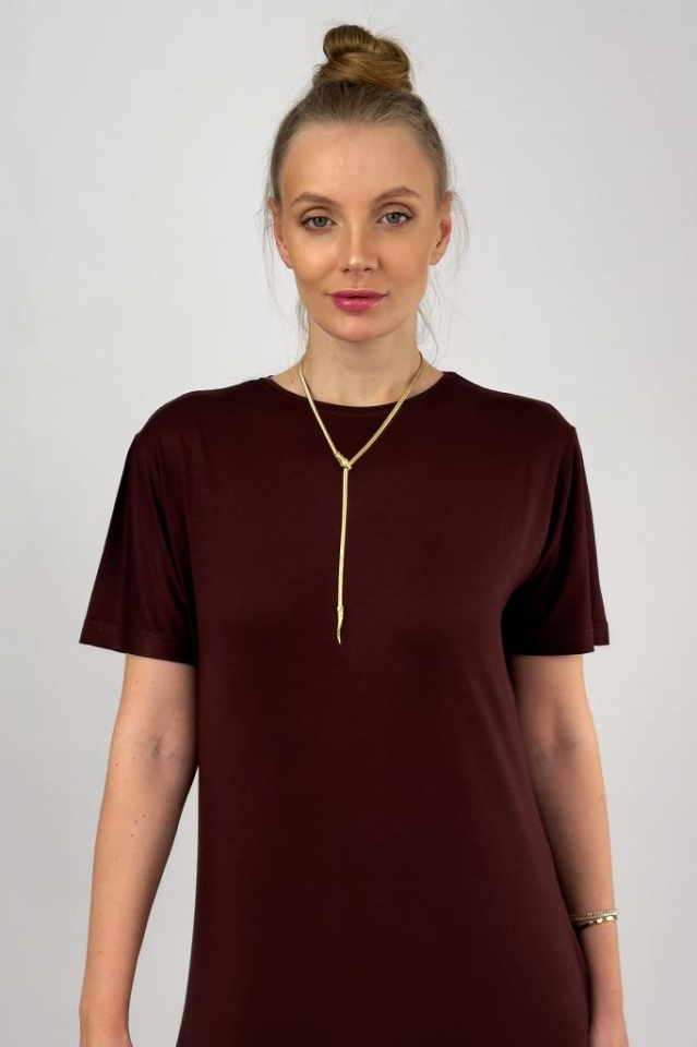 Kadın Yazlık Kısa Kollu Viskon Midi Boy Bisiklet Yaka Elbise Kahve - 2XL/3XL