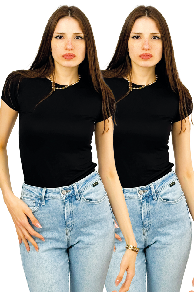 Kadın Kısa Kol Bisiklet Yaka Body 2 Adet SİYAH - L/XL