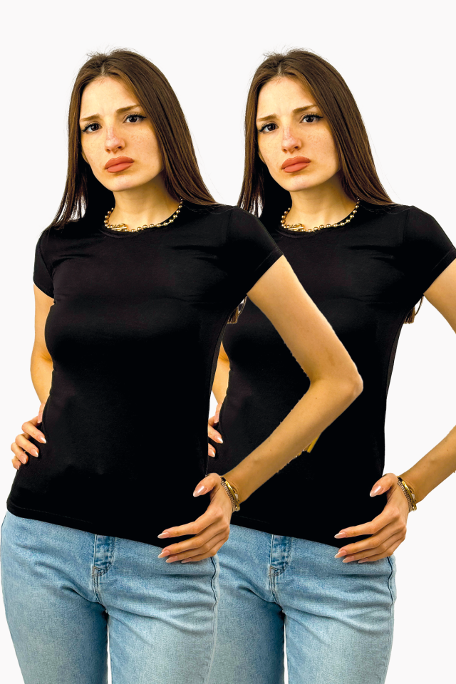 Kadın Kısa Kol Bisiklet Yaka Body 2 Adet SİYAH - L/XL