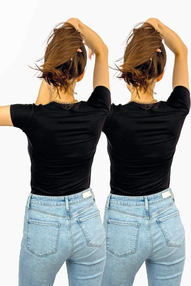 Kadın Kısa Kol Bisiklet Yaka Body 2 Adet SİYAH - L/XL