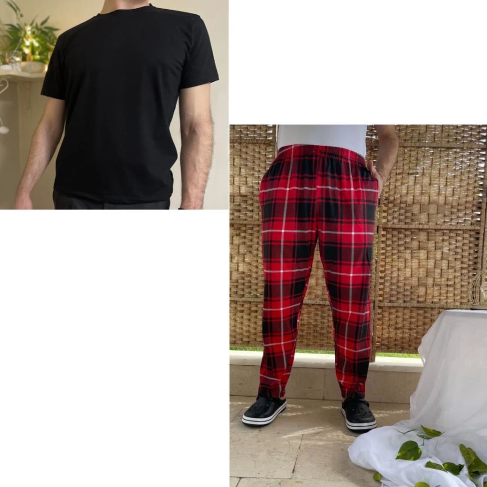 Cepli Çizgili Regular Fit Alt Ekose Kareli Pamuklu Örme Bisiklet Yaka Erkek Pijama Takımı Kırmızı Kare- Siyah - L