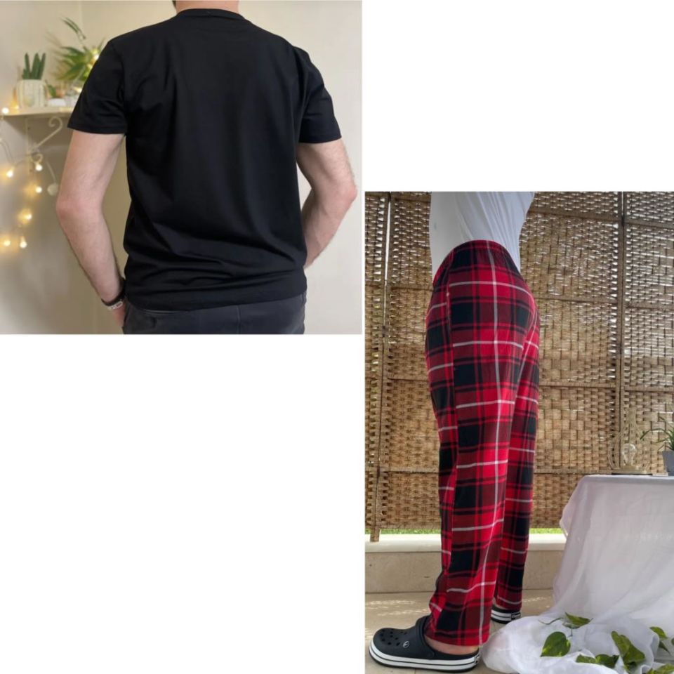 Cepli Çizgili Regular Fit Alt Ekose Kareli Pamuklu Örme Bisiklet Yaka Erkek Pijama Takımı Kırmızı Kare- Siyah - L