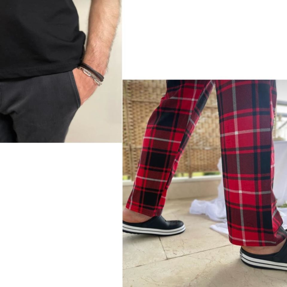 Cepli Çizgili Regular Fit Alt Ekose Kareli Pamuklu Örme Bisiklet Yaka Erkek Pijama Takımı Kırmızı Kare- Siyah - L