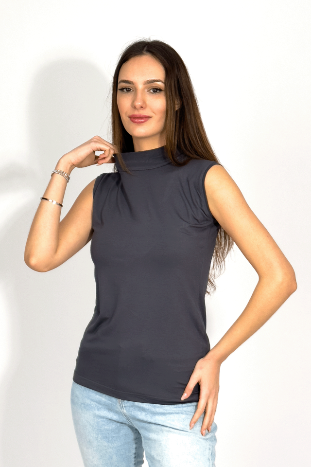 Kadın Sıfır Kol Yarım Balıkçı Yaka Body 1 Adet Füme - S/M