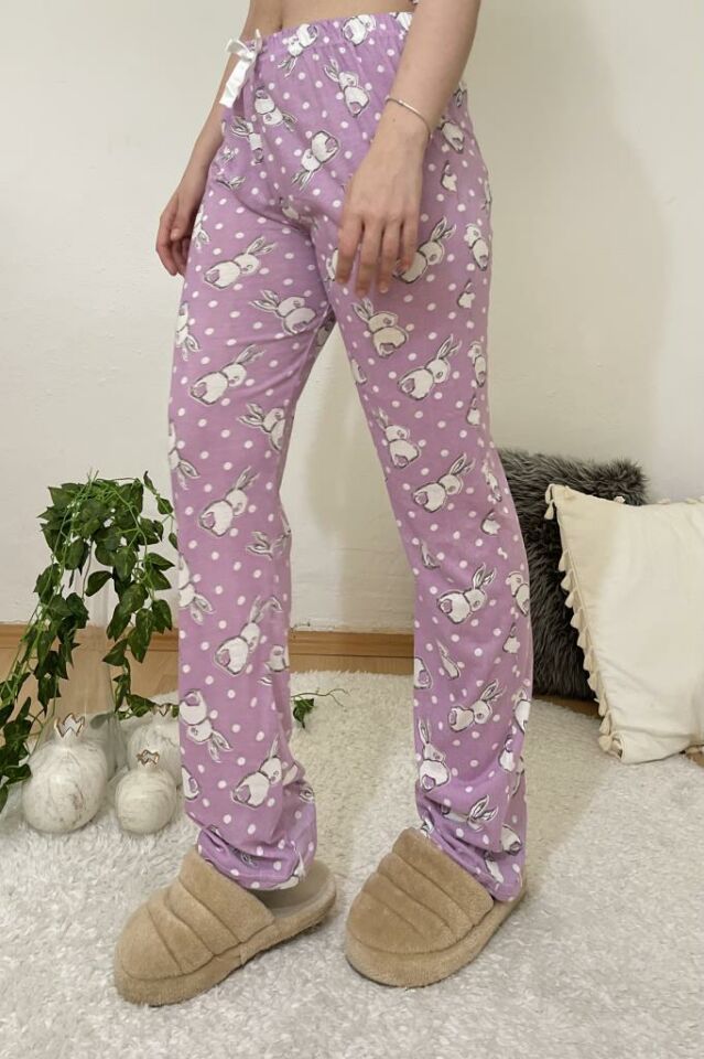 Betimoda Kadın Pijama Altı Kurdeleli Beyaz Siyah Kare Büyük Tavşan Lila - XXL