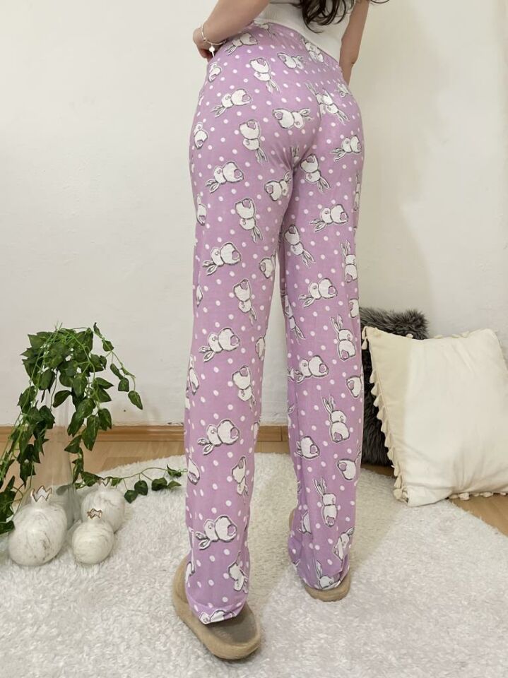 Betimoda Kadın Pijama Altı Kurdeleli Beyaz Siyah Kare Büyük Tavşan Lila - XXL